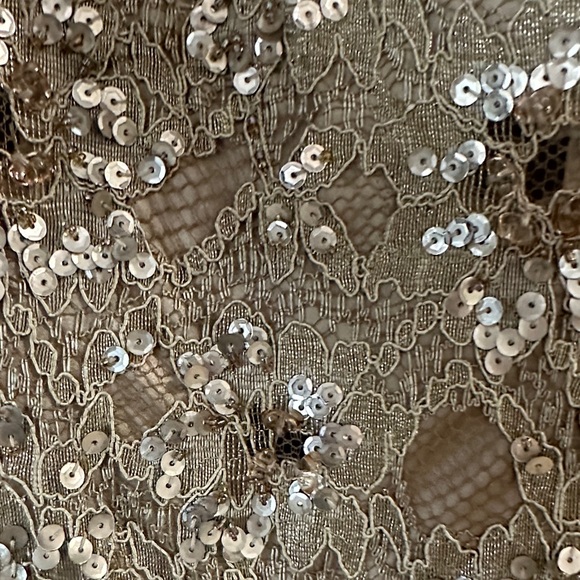 Elegant Sue Wong designer Gold Sequin Evening Dress with lace and slit up front. - Picture 5 of 8